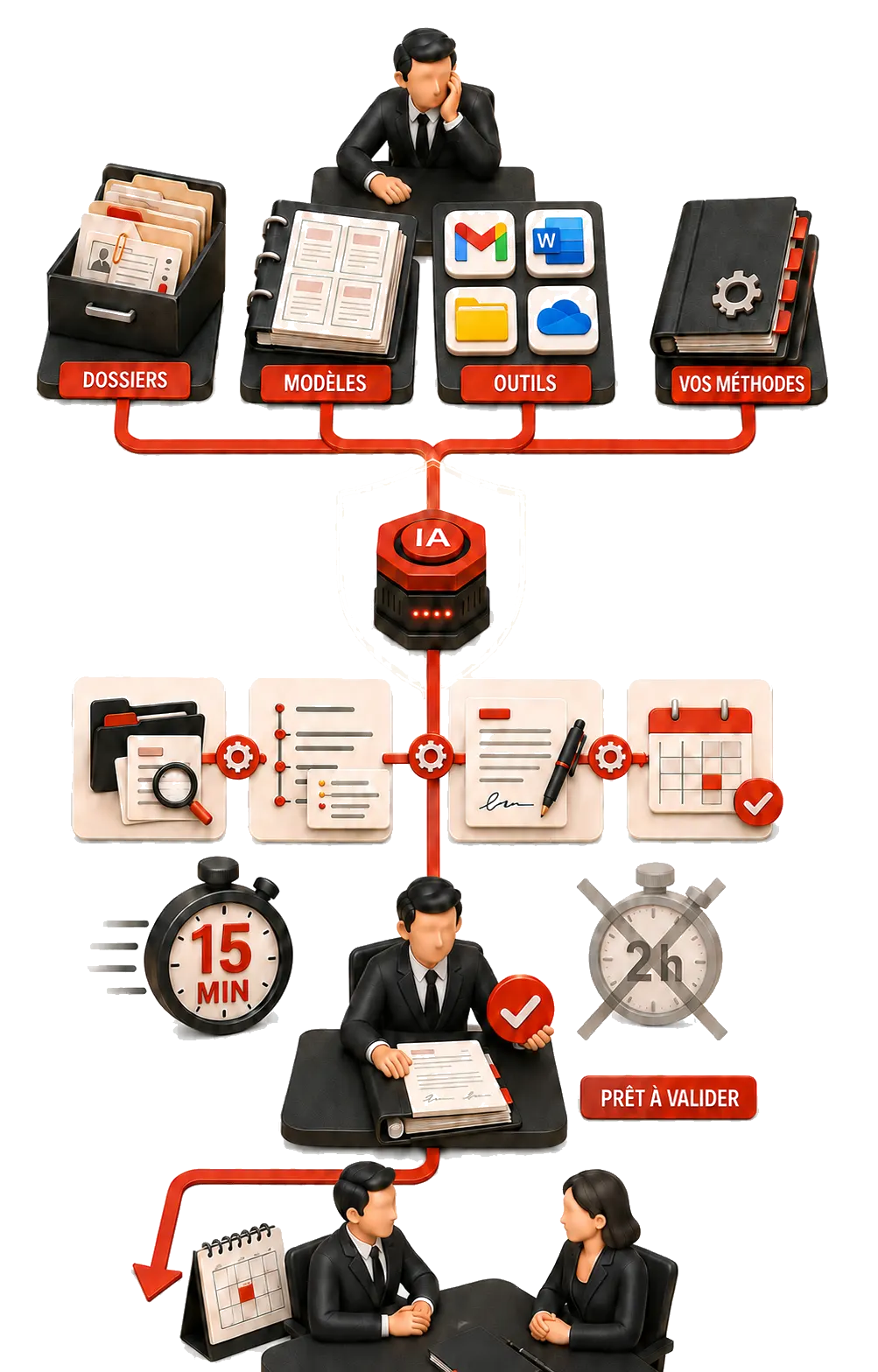 L'assistant est branché sur les dossiers, les modèles, les outils et les méthodes du cabinet. Il enchaîne recherche, chronologie, rédaction et mise à l'agenda, et rend en 15 minutes, au lieu de 2 heures, un document prêt à valider, pendant que l'avocat reçoit son client.